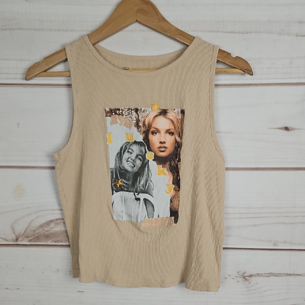 Britney Spears Lucky Graphic Beige Y2K Cropped Tank Top - Size Medium